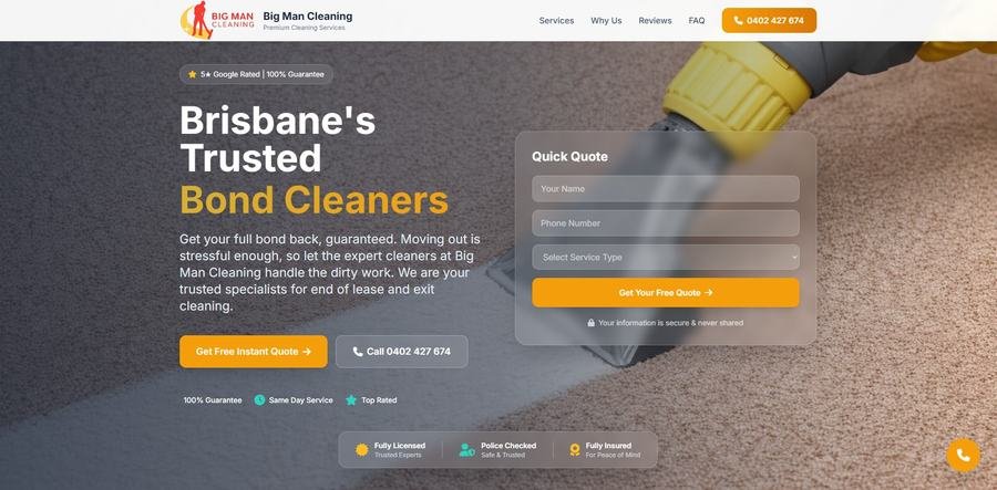 Bond cleaning website with an upfront quote form